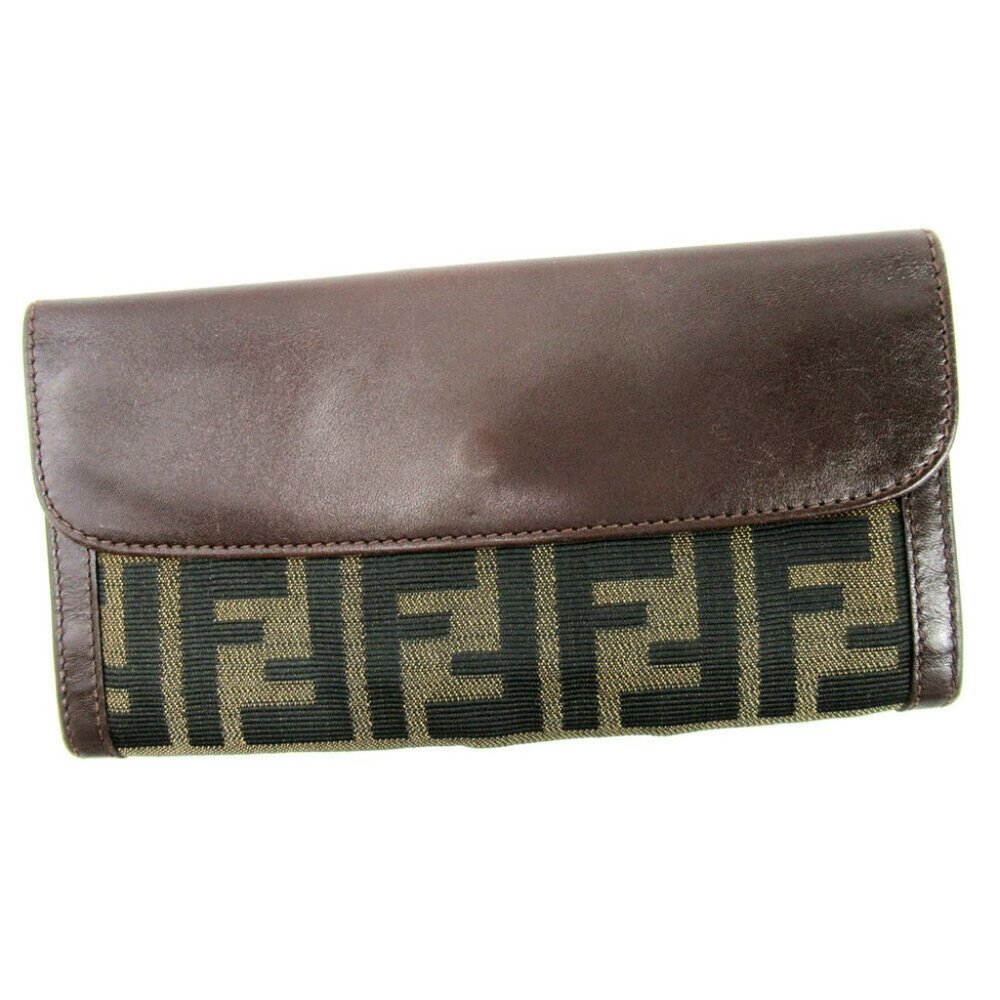 Authentic FENDI Clutch Bag Purse Zucca Beige Canvas Leather Brown